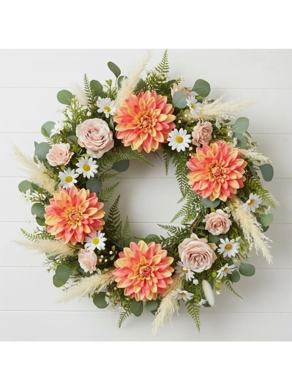 Coral Dahlia Stem Faux Flower 24 Inch 5 Inch Bloom Coral Yellow Artificial Dahli